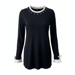 Haut TRICOTTO noir perlé col plissé